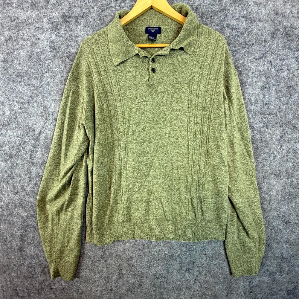 Vintage Dockers Polo Sweater Mens XL Green Acrylic Knit Retro Collared